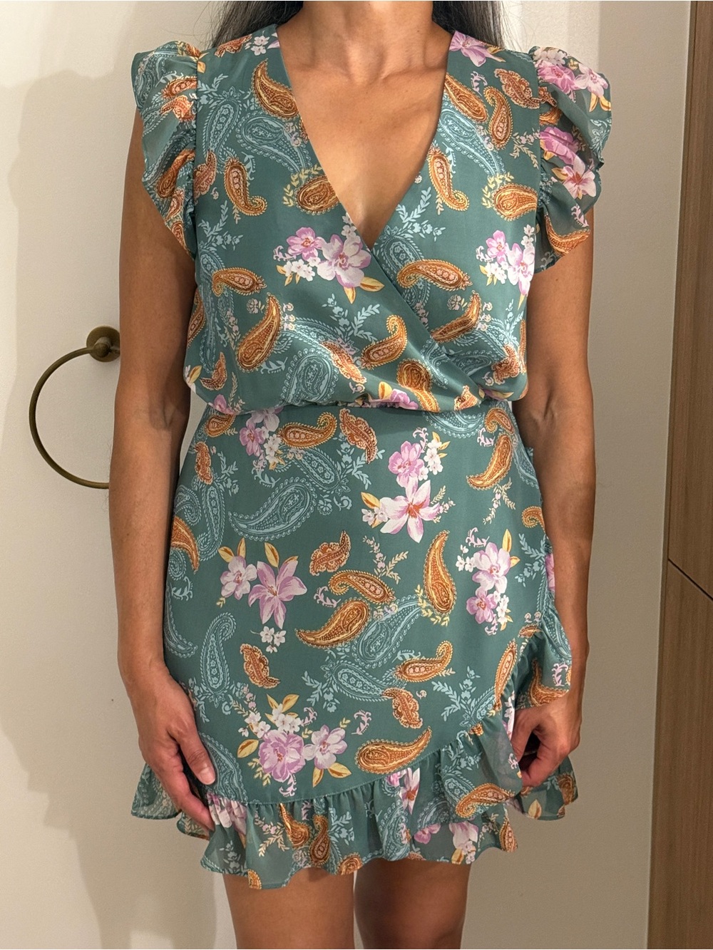 Bar III Teal Paisley & Pink Floral Wrap Mini Dress